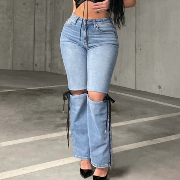 Fashion Nova Denim - Fashion Nova Tie  Open Knee Jeans